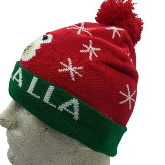 Christmas Pom Pom Beanie Hat LED Light Up Bear Fa-La-La Red Green Knit Adult OS - Picture 5 of 6